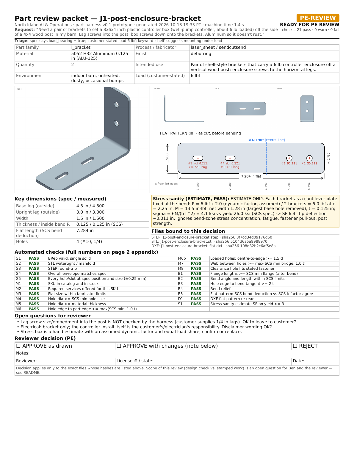 Design packet for the post enclosure bracket: views, flat pattern, dimensions, and checks.